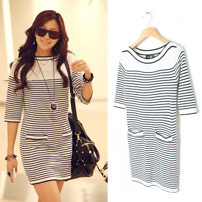 Free Shipping MY 180 is slit neckline sweater fifth sleeve basic slim stripe knit dress