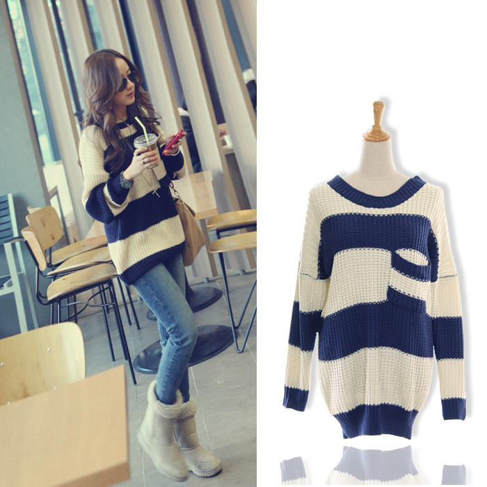 Free Shipping MY  2089 new arrival trend big stripe colorant match sweater dress chest large pocket needle