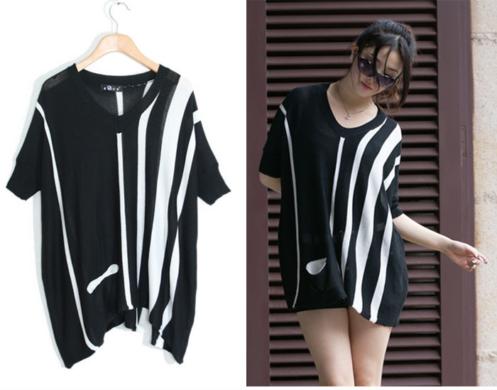 Free Shipping MY 3507 is plus size clothing sidepiece stripe pocket loose sweater shirt