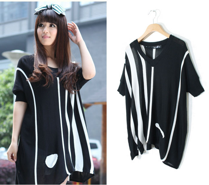 Free Shipping MY 3507 is V-neck stripe pocket loose sweater shirt