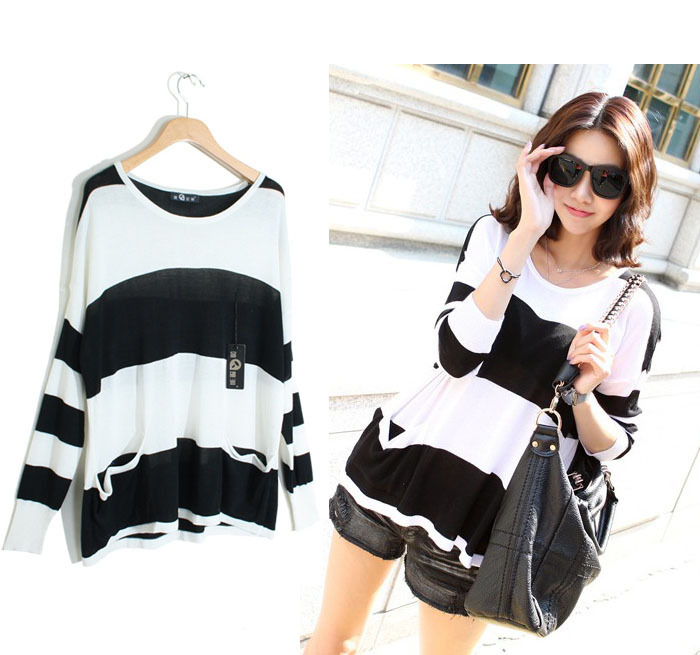 Free Shipping MY 40016 is loose black and white stripe double pocket mercerized cotton sweater
