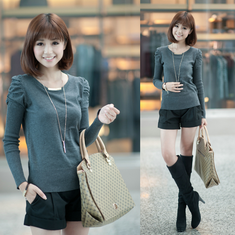 Free Shipping My148 2011 solid color puff sleeve slim all-match basic long-sleeve sweater SX