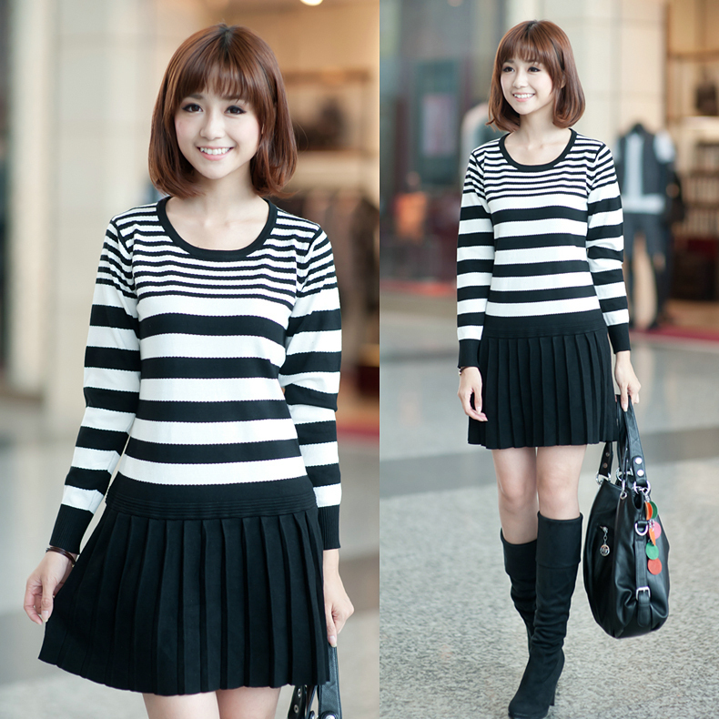 Free Shipping My329 2012 autumn black and white pleated stripe patchwork knitted one-piece dress female SX