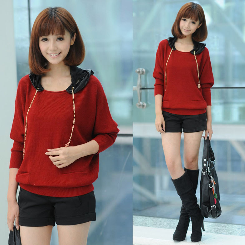 Free Shipping My348 2012 autumn new arrival patchwork with a hood bat thick casual all-match long-sleeve sweater female SX