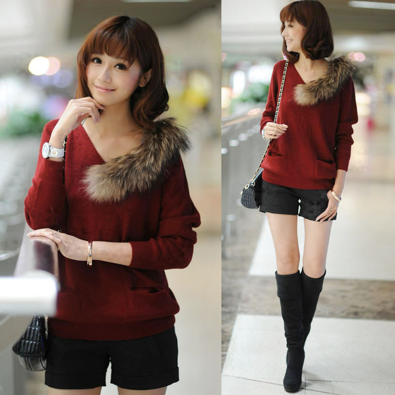 Free Shipping My349 formal ol2012 autumn V-neck ladies long-sleeve fox fur casual all-match sweater women's SX