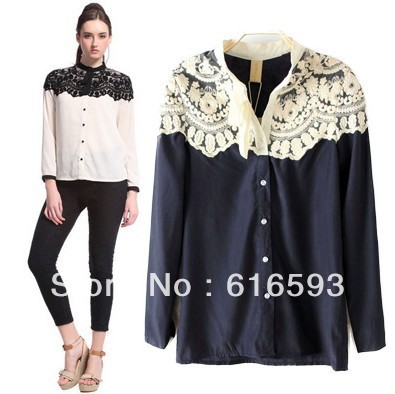 Free Shipping N504 2013 Spring Little Stand Collar Vintage Graceful Lace Layered Shoulder Color Block Cuffs Chiffon Blouse