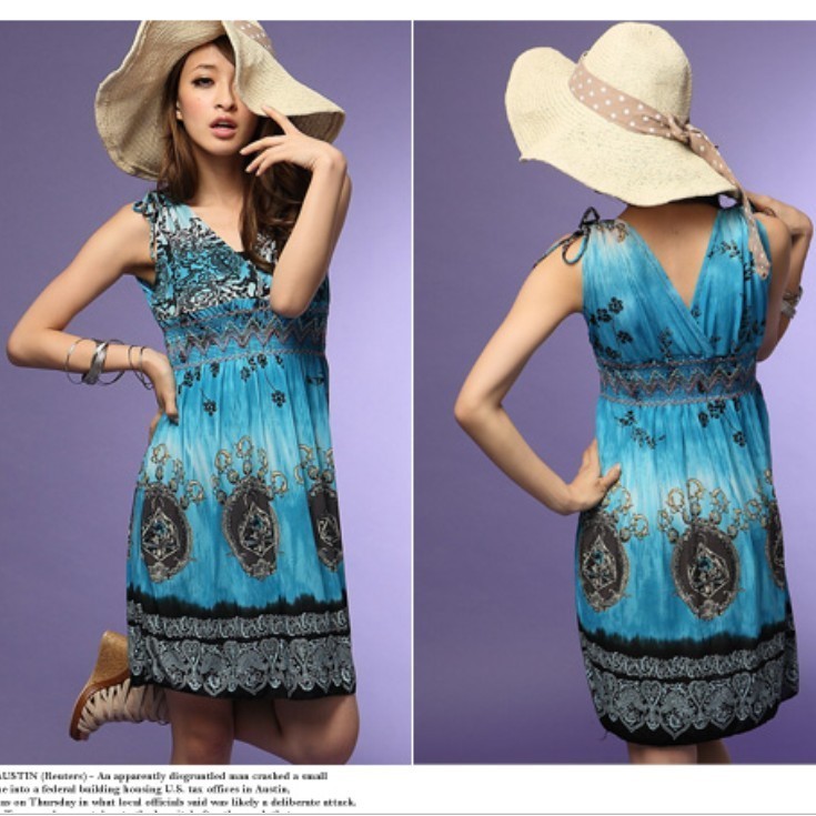 Free Shipping National trend plus size ice silk summer beach dress drawstring VL plus size dress - BAD134