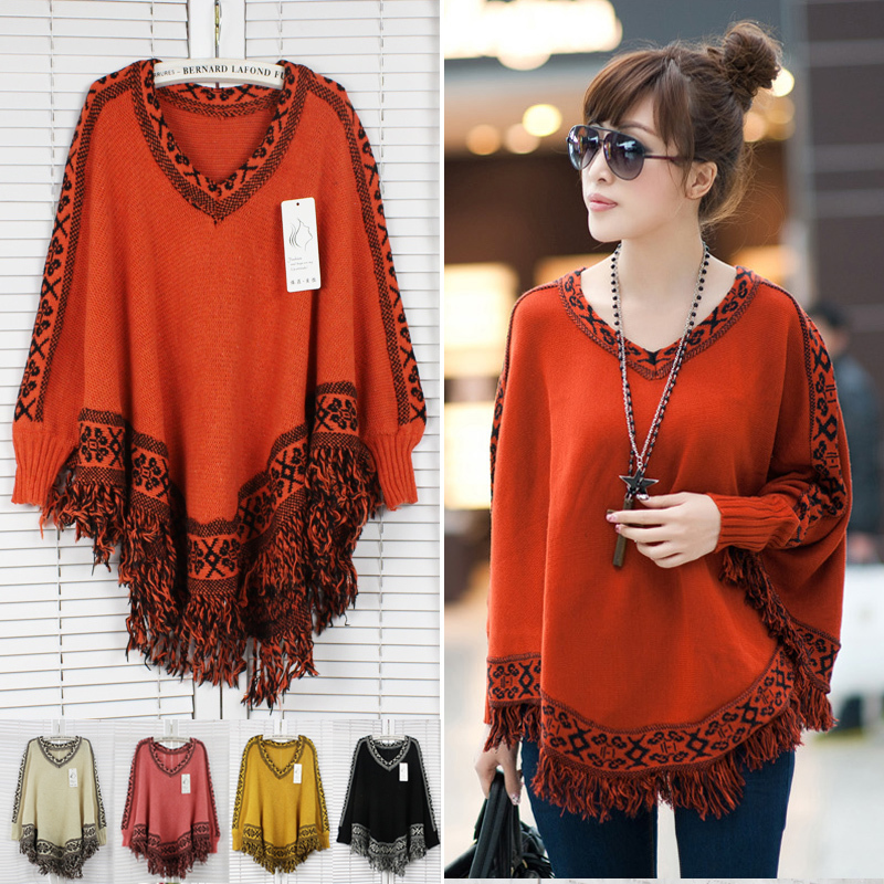 free shipping National trend sz batwing sleeve V-neck tassel plus size thickening cloak sweater cape,5 colors ladies tops