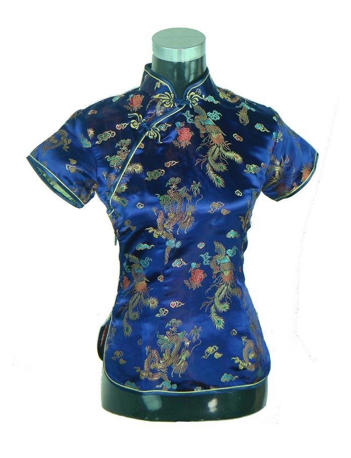 Free Shipping Navy Blue Chinese Women's Satin Polyester Shirt Top with Dragon Phenix XL A0018