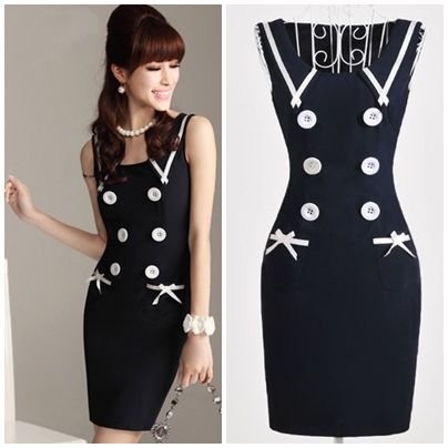 Free shipping navy double breasted sleeveless casual ladies knee-length sheath vintage sexy dress new fashion 2013