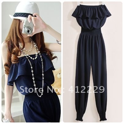 Free shipping navy ruffles sleeeless pleated ladies sexy Jumpsuits & Rompers 2012 new fashion