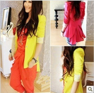 Free shipping neon color lace sleeve cuff chiffon blazer suit outerwear - J012