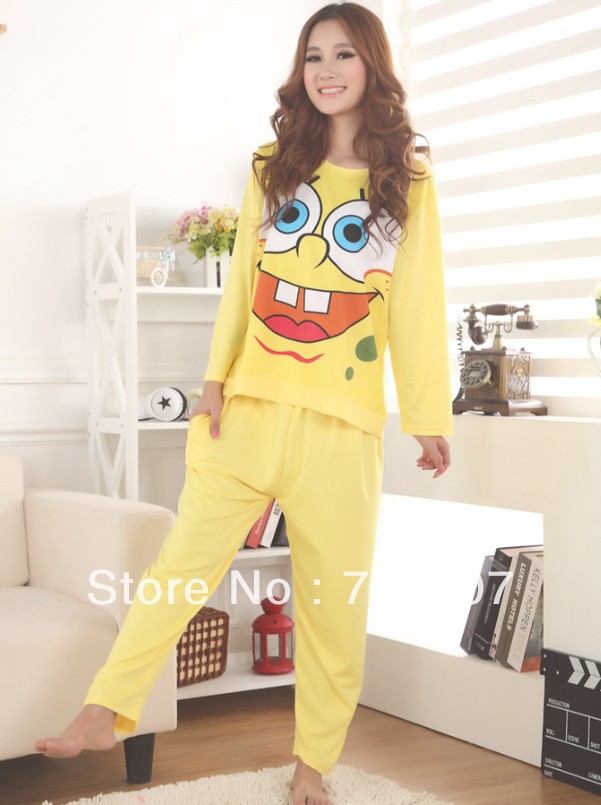 Free Shipping New 1Set/Lot Women Pajama Sets Sleepwear Yellow SpongeBob SquarePants Cute Cartoon Home Suit