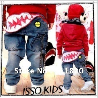 free shipping new 2~12 age children's shark zipper back jeans,boy's fashion pants,boy's jeans