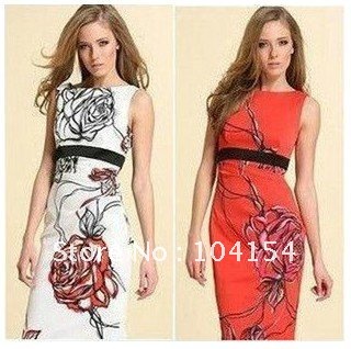 Free Shipping New 2012 Fashion Colorful and elegant fashion k&m Red and white peonies Slim waist dress DG032 US4-US12