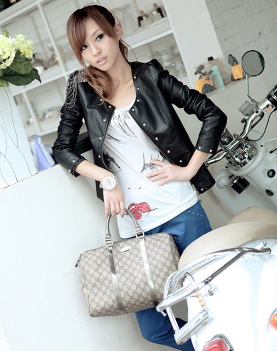 Free shipping !!! New 2012 new Women's brand high-grade PU black short Locomotive rivets short leather jacket coat / S-XL