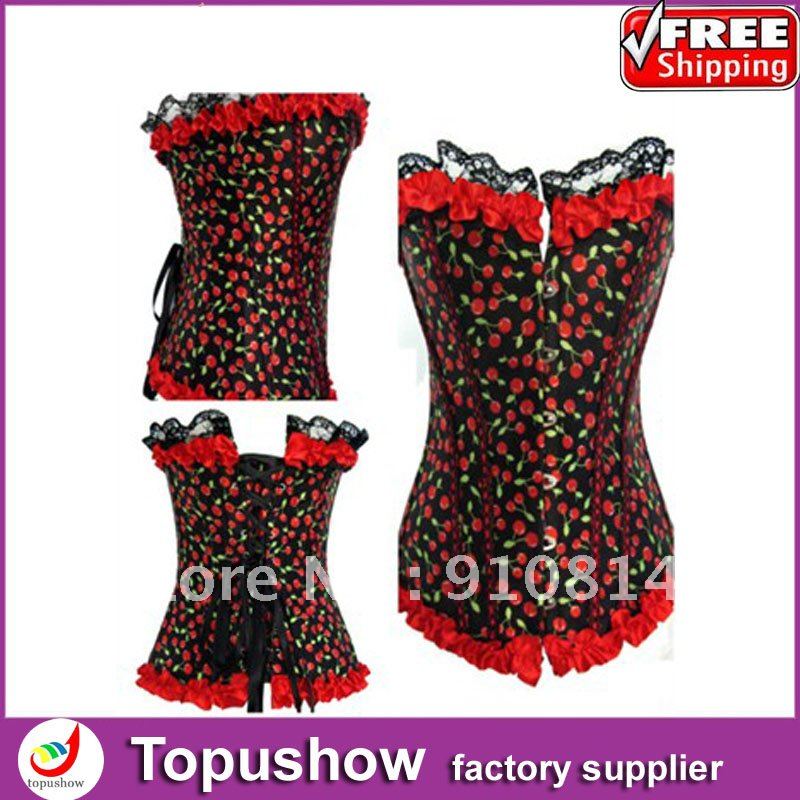 Free Shipping! New 2012 red cherry bustier G-string shapers underwear  satin boned corset  S-XXL 9072