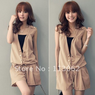 free shipping new 2012 women's double breasted sleeveless drawstring jumpsuit