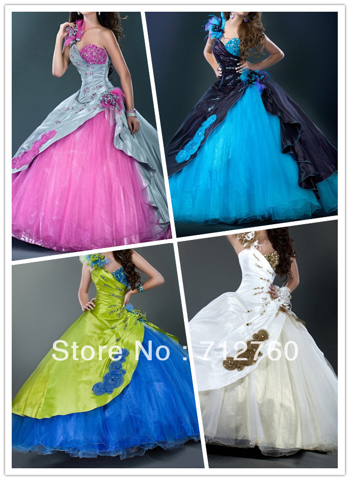 Free Shipping - New 2013 Cheap Elegant Sleeveless One Shoulder Long Blue Quinceanera Dresses with Petticoat