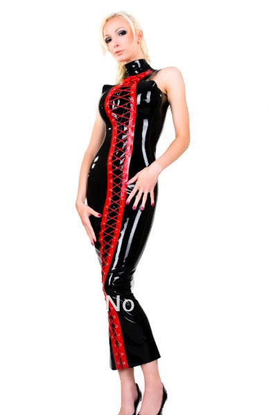 Free Shipping New 2013 LC9155 Valentine Sexy Club Long Dress Sleeveless Stand Collar Red& Black Patchwork Lace up Patent Leather