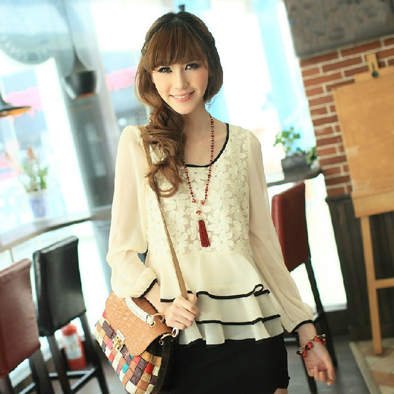 Free shipping new 2013 spring white o-neck ruffle long-sleeve chiffon shirt female long design basic shirt