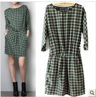 Free Shipping New Arrial 2013 Brand  Ladies Green Color Blocking Patchwork BOHO  One Piece Dress