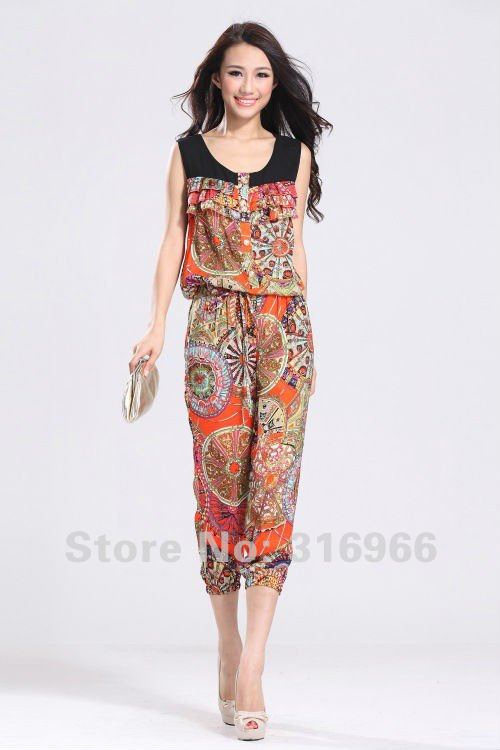 Free shipping New arrival 100% silk 2012 women's fashion print jumpsuits and rompers for ladies wholesales #Y513004