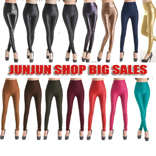 Free shipping!New Arrival 15 style 4 size High-waist Black Stretch Material Stretchy Leather Leggings XS/S/M/L