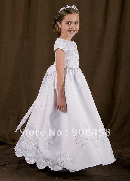Free Shipping New Arrival 2012 A-line Bateau Ankle-length Sleeveless Satin Flowergirl Dress with Sash