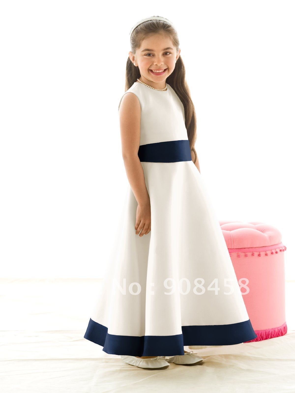 Free Shipping New Arrival 2012 A-line Scoop Ankle-length Satin Flowergirl Dress with Sash