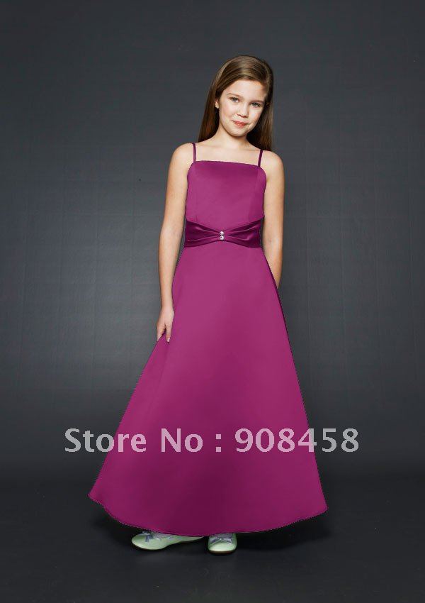 Free Shipping New Arrival 2012 A-line Spaghetti Straps Ankle-length Satin Flowergirl Dress with Sashes