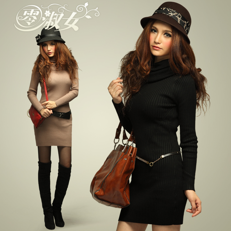 free shipping New arrival 2012 autumn and winter women elegant long-sleeve sweater one-piece dress belt