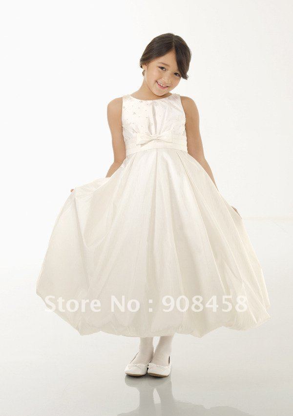 Free Shipping New Arrival 2012 Ball Gown Scoop Tea-length Taffeta Flowergirl Dress with Sashes