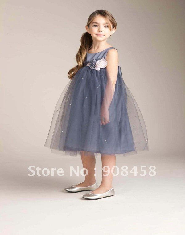Free Shipping New Arrival 2012 Ball Gown Spaghetti Straps Tea-length Organza Flowergirl Dress with Sashes