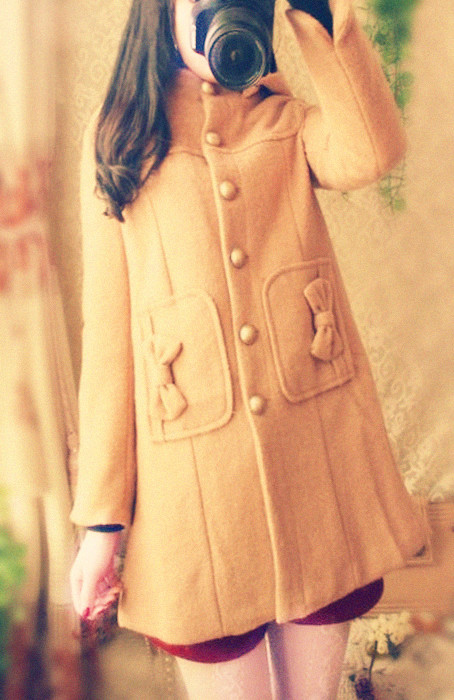 Free shipping New arrival 2012 bow pocket sweet vintage wool slim wool coat outerwear