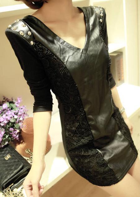 Free shipping New arrival 2012 fashion punk slim lace patchwork rivet leather long-sleeve autumn one-piece dress