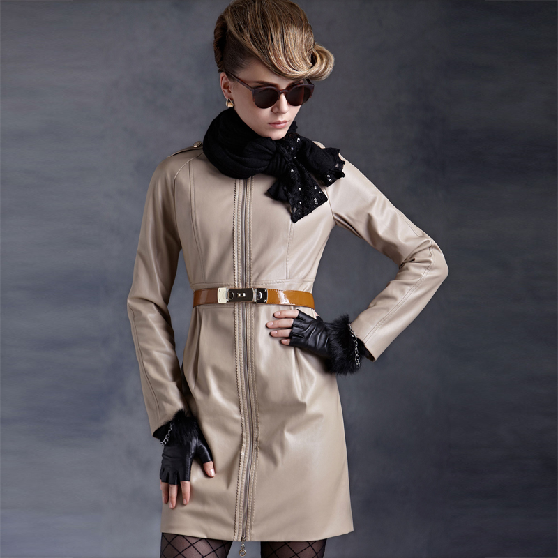 free shipping New arrival 2012 slim overcoat leather 077012401 one-piece dress