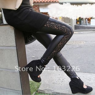 Free shipping!New arrival!2012fashion personality lace patchwork sexy black basic faux leather pants trousers