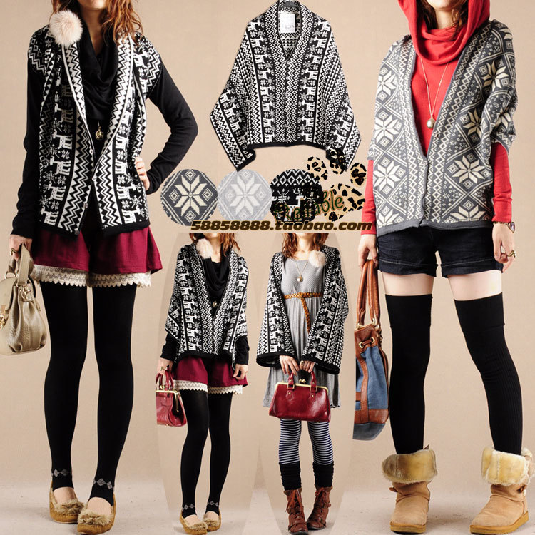 free shipping New arrival 2013 female spring vintage jacquard loose knitted sweater cloak outerwear