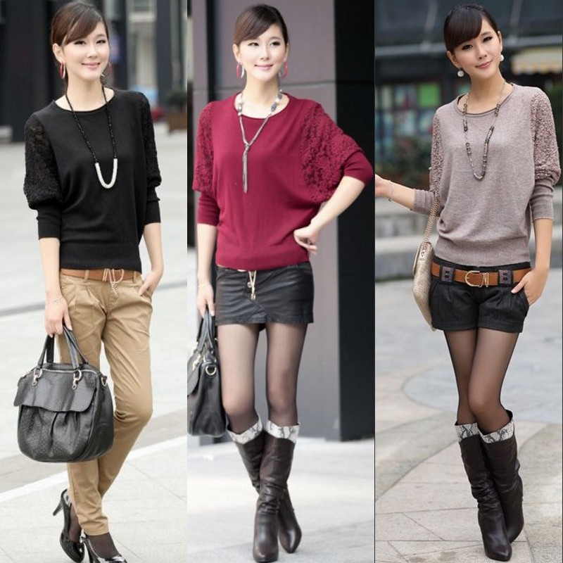 free shipping new arrival 2013 spring lace long-sleeve women's sweater knitted outerwear loose batwing sleeve basic shirt