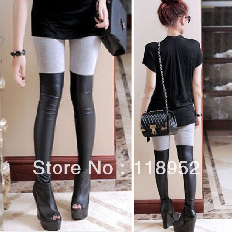 free shipping new arrival 2013hight quality  cotton +pu leather patched slim lady legging gray black color elastic legging