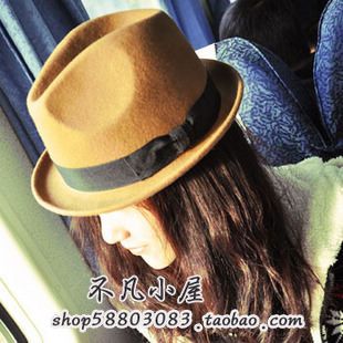 Free Shipping New arrival autumn and winter camel roll-up hem roll up hem small fedoras jazz hat female woolen