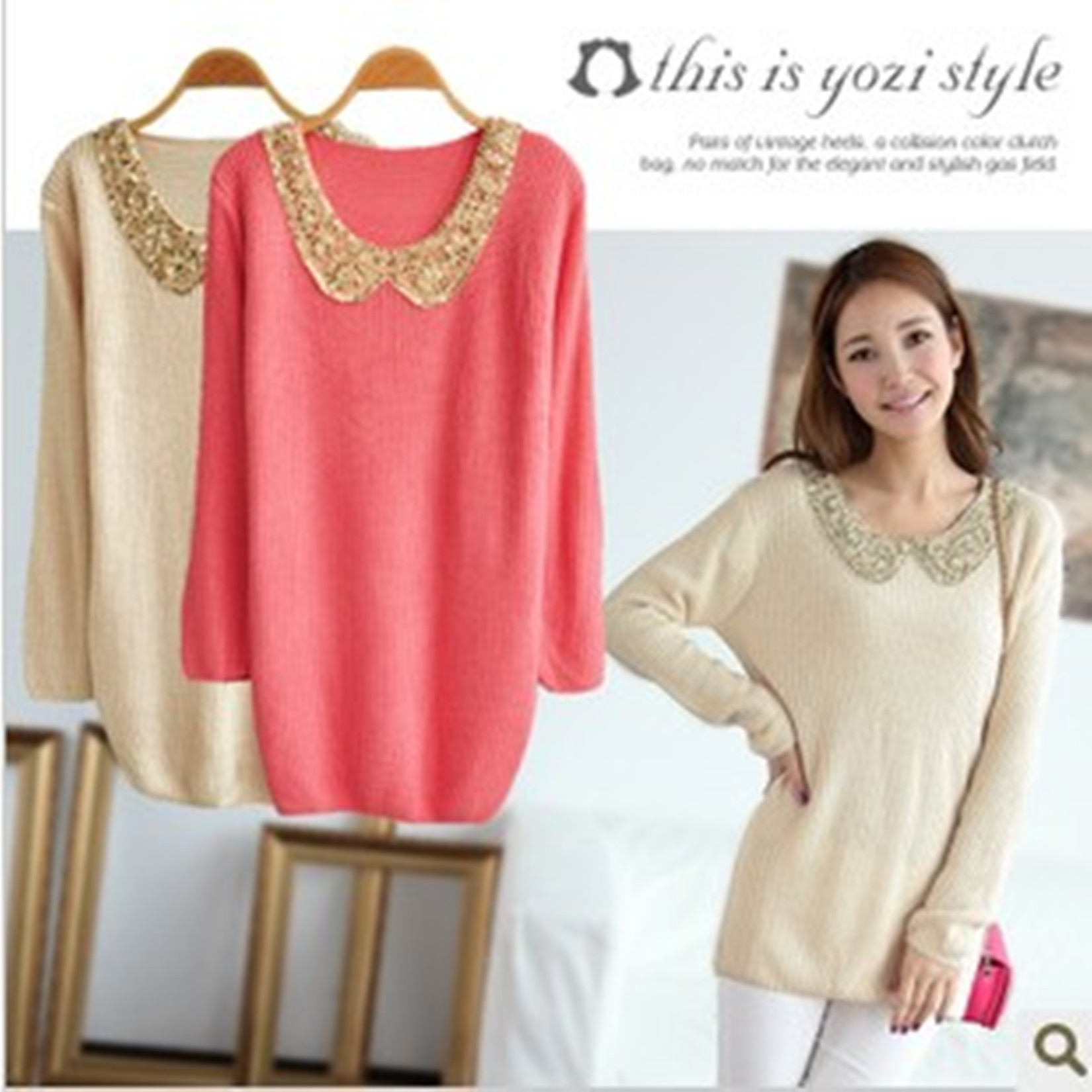 Free shipping,new arrival autumn and winter new arrival loose peter pan collar long-sleeve sweater ,wholesale/retail