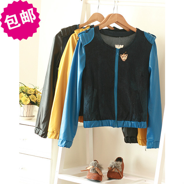 Free shipping New arrival autumn epaulette shoulder pads steller's badge denim patchwork slim short jacket leather clothing