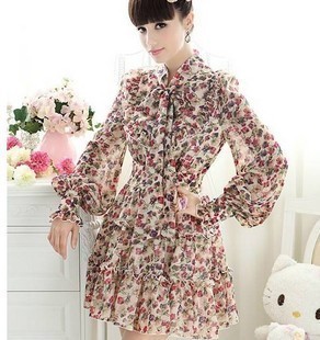 Free Shipping New Arrival Autumn Women Long-sleeve Fashion Chiffon Dresses,printing novelty dress for ladies size S M L XL