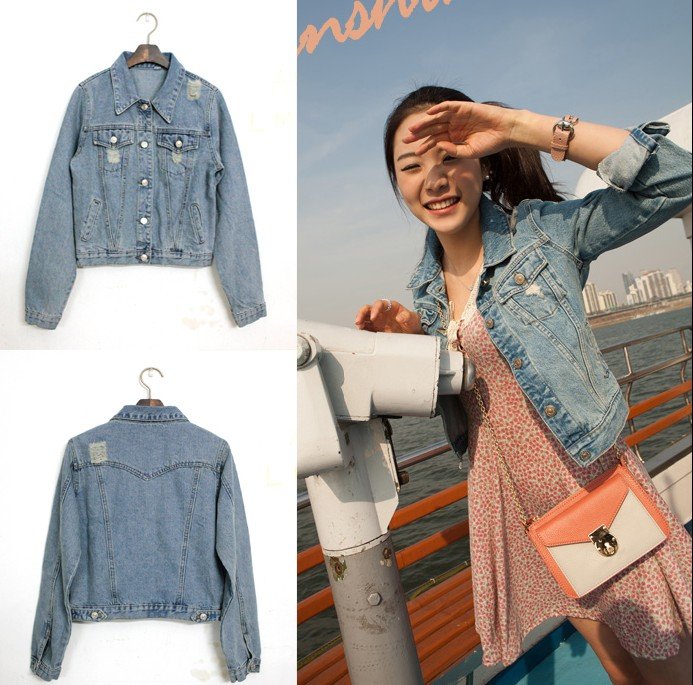 Free shipping-New arrival Autumn women's denim coat pocket/Hole decorated turn-down collar denim jacket M L size
