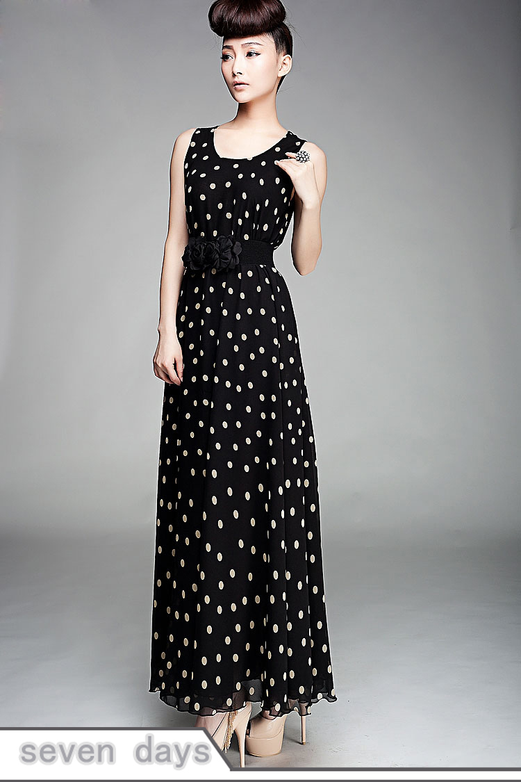 Free Shipping New Arrival Bohemian Style O-neck Empire Waist Polka Dots Big Hemline Maxi Tank Dress with Belt ZL122306