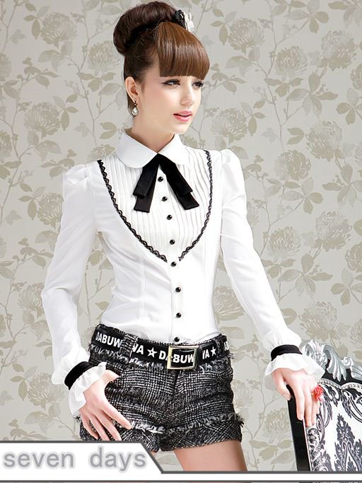 Free Shipping New Arrival Bow Tie Design Single-breasted  Pleated Slim Blouse ZL091732WI