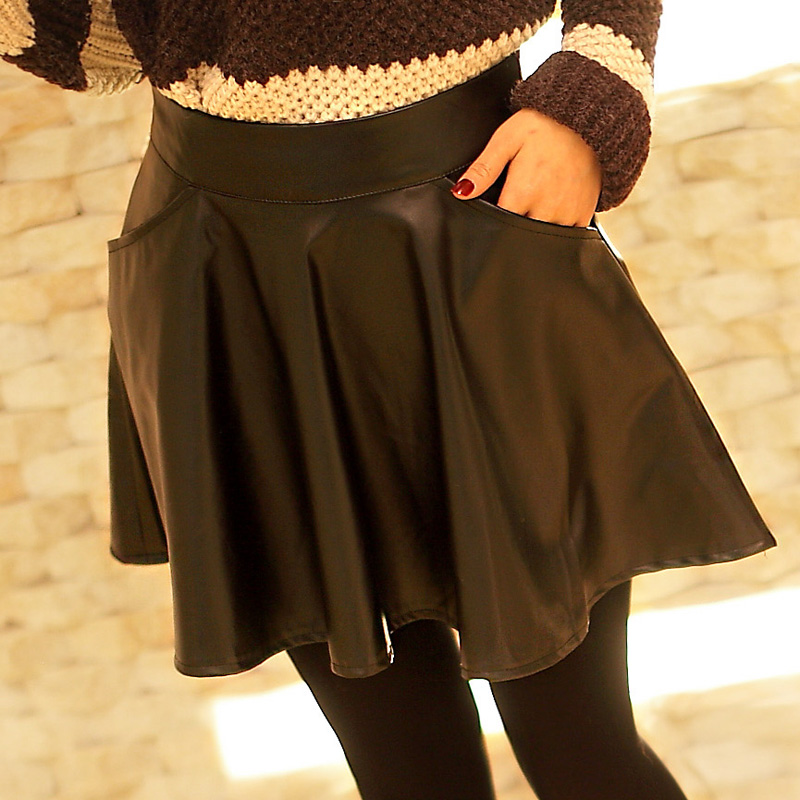 Free shipping,new arrival Bust high waist women's winter short black leather basic skirt