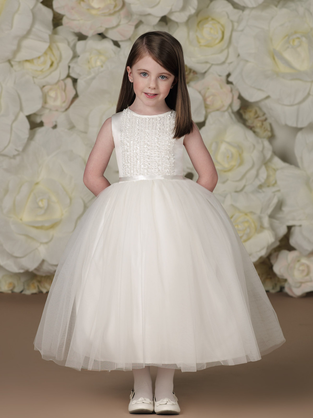 Free Shipping!New Arrival Custom Made A-line Flower Girl Dress Jewel Beading Satin Tulle Tea Length First Communion Party Dress